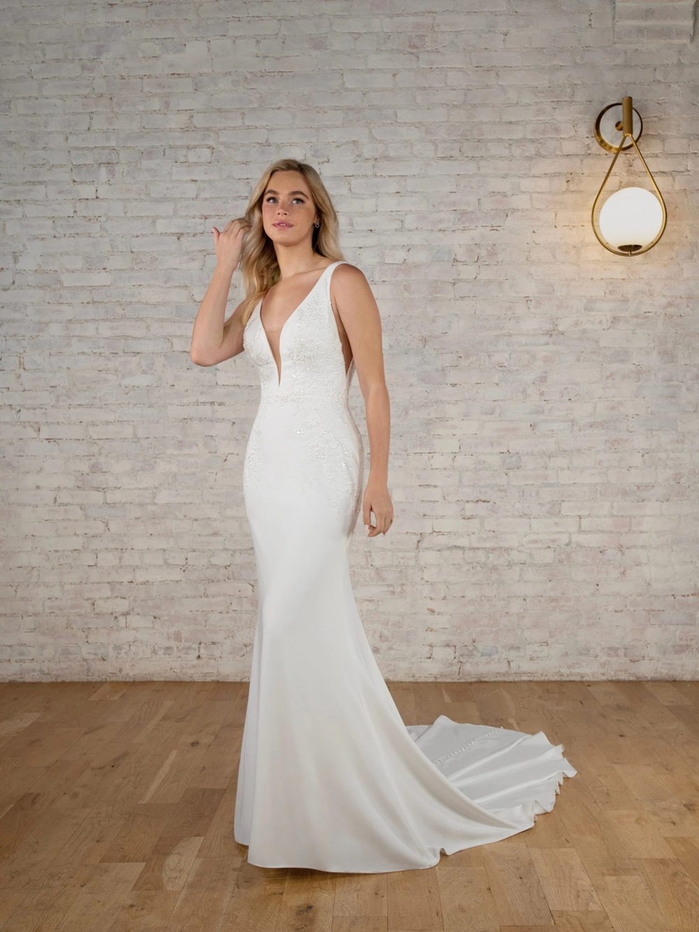 Stella York 7774 Fit and Flare Low V crepe wedding gown